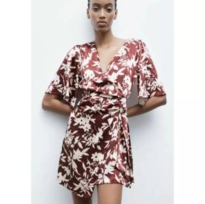 Zara Floral Print Knotted Mini Wrap Dress Size S Floral Print Silky Brown Ivory